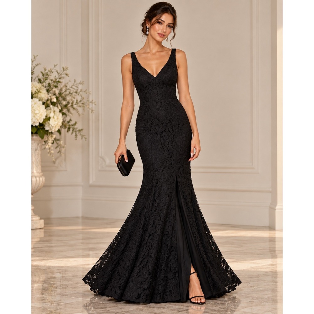 BCBGeneration Black Lace V-Neck Mermaid Gown Front Slit MGD61L44 Size 0